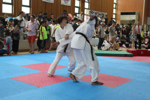 Powerful Hapkido Woman Performing An Arm Lock Wallpaper