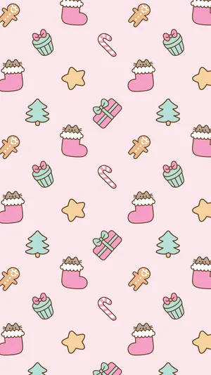 Pusheen In Pink Santa Socks Wallpaper