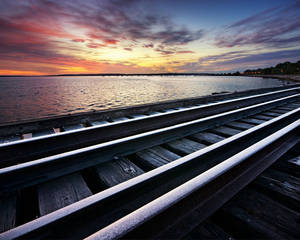 Rails, Cross Ties, Railway, Sea, Evening, Clouds Wallpaper