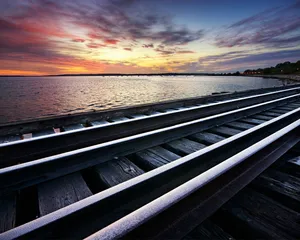 Rails, Cross Ties, Railway, Sea, Evening, Clouds Wallpaper