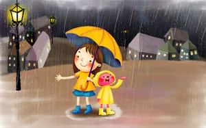 Rainy Night Umbrella Friends Wallpaper