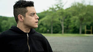 Rami Malek Gazing In A Park Wallpaper