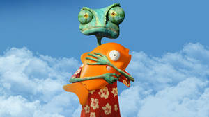 Rango Holds Fish Sky Backdrop Wallpaper