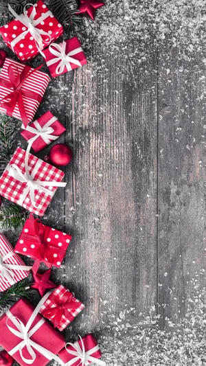 Red And White Presents Farmhouse Christmas Wooden Deck Wallpaper