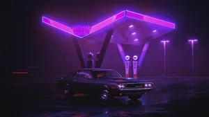 Retro Futuristic Neon Gas Station Wallpaper