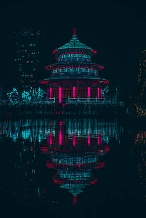 Retrowave Pagoda On Water At Night Wallpaper