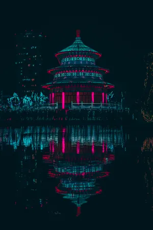 Retrowave Pagoda On Water At Night Wallpaper