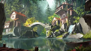 River Bridge Stone Houses Wallpaper