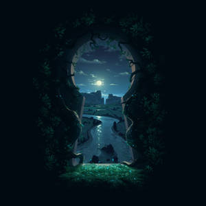 River Night Scenery Behind Key-shaped Opening Wallpaper