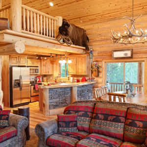 Rustic Cabin Interiorwith Wildlife Decor Wallpaper