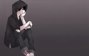 Sad Anime Boy In Black Hoodie Wallpaper