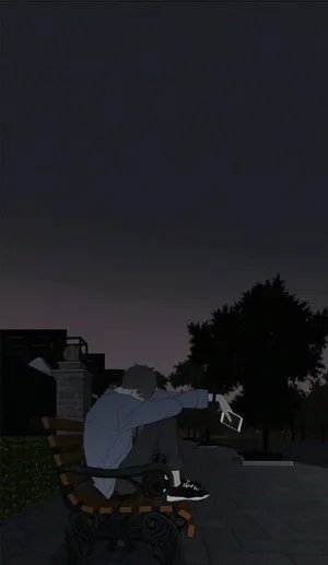 Sad Boy Cartoon Slouching On Bench Wallpaper