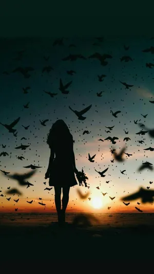 Sad Girl And Flocks Of Bird Wallpaper