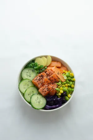 Salmon Cubes In Vegetable Bowl Wallpaper