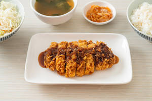 Saucy Japanese Tonkatsu On A Rectangular Plate Wallpaper