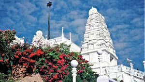 Scenic View Of Birla Mandir In Hyderabad Surrounded By Beautiful Blooms Wallpaper