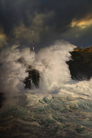 Sea Storm Waves And Lighthouse Wallpaper