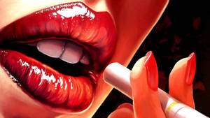 Seductive Red Glossy Lips Holding A Cigarette Wallpaper