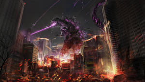 Shin Godzilla Destroying City With Atomic Breath Wallpaper