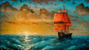 Ship And Sunset Paint Art Wallpaper