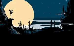 Shovel Knight Gazing At The Moon In A Serene Night Landscape Wallpaper