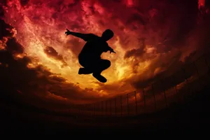 Silhouette Jump Against Sunset Sky Wallpaper