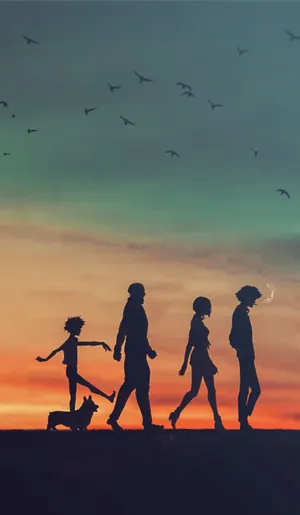 Silhouettes Of People Walking In The Sunset Wallpaper