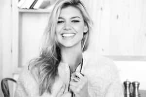 Smiling Blonde Woman Blackand White Photo Wallpaper