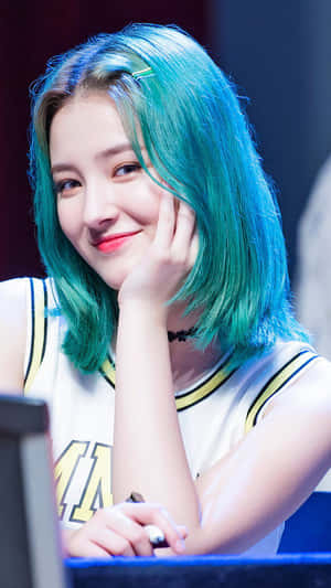 Smiling Womanwith Teal Hair Wallpaper