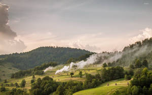 Smoky Mountains Green Fields White Smoke Wallpaper