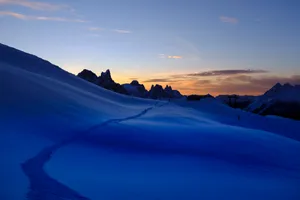 Snow, Trail, Mountains, Sky Wallpaper