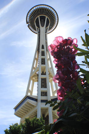 Space Needle Pink Flowers Wallpaper