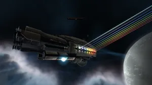 Spaceship Rainbow Rays Wallpaper