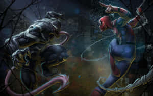 Spider Man And Venom Fighting In The Dark Wallpaper