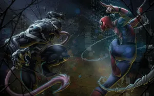 Spider Man And Venom Fighting In The Dark Wallpaper