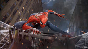 Spiderman Vigorously Battling Enemies In The Battlefield Wallpaper