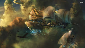 Steampunk Airships Above Clouds Wallpaper