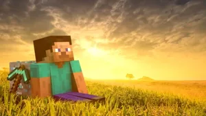 Steve Watching Sunset In Minecraft Landscape Wallpaper