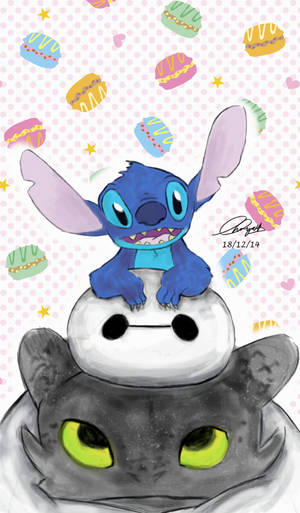 Stitch, Baymax And Toothless Art Wallpaper