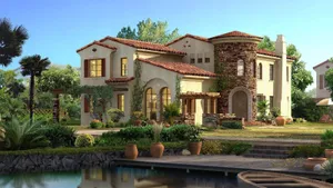 Stone House Lakeside Garden Wallpaper