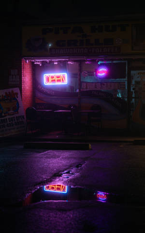 Store Front Neon Sign Dark Purple Iphone Wallpaper