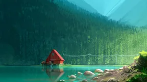 Stunning Digital Lake Cabin Aesthetic Teal Wallpaper