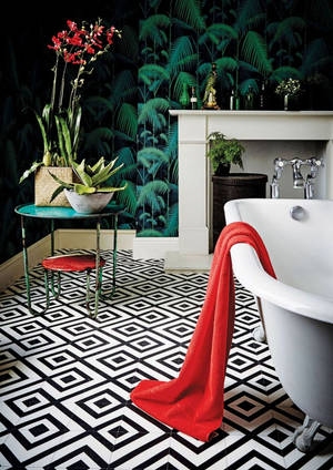 Stylish Bathroom With Geometric Pattern Floor Tiles Wallpaper