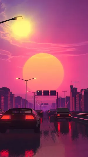 Sunset Cityscape Road Traffic Artistic Wallpaper