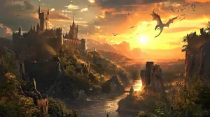 Sunset_ Dragon_ Flight_ Castle_ Fantasy_ Landscape.jpg Wallpaper