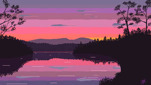 Sunset Over The Lake Pixel Art Wallpaper