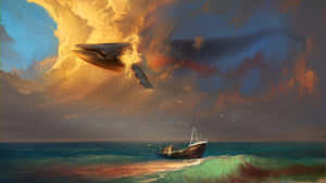 Surreal_ Sky_ Whales_and_ Ship Wallpaper