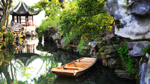 Suzhou Boat On Garden Wallpaper