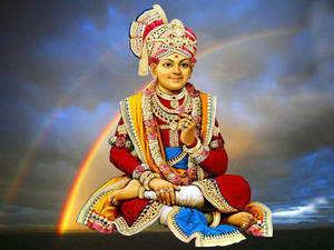 Swaminarayan Sitting With Cloudy Sky Wallpaper