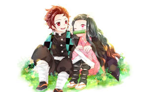 Tanjiro And Nezuko Cute Winking Field Wallpaper